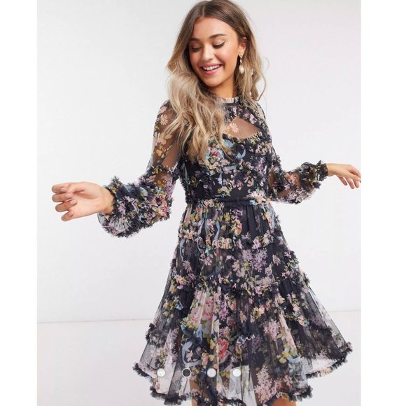 Needle & Thread Dresses & Skirts - Needle and Thread Moody Floral Diamond Ruffle Flippy Tulle Mini Dress XS